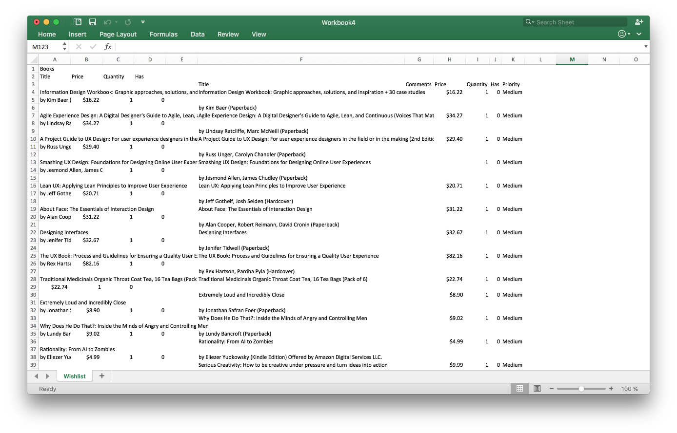 Amazon Wishlist in Excel XLSX format
